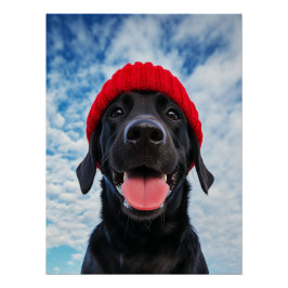 Póster Labrador feliz en una Beanie Roja bajo un cielo az