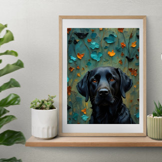 Póster Labrador negro en hojas