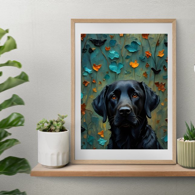 Póster Labrador negro en hojas (Black Labrador in Leaves Poster print artwork from Ricaso. Stunning black lab retriever print)