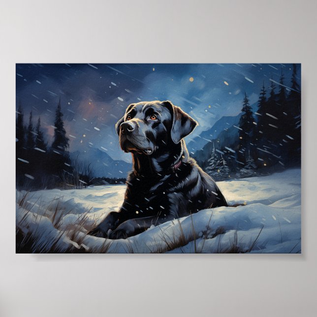 Póster Labrador negro en la noche de invierno (Frente)