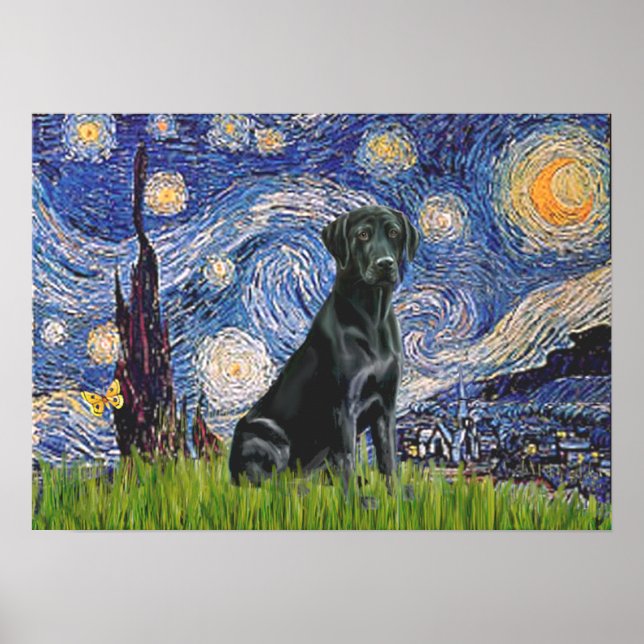 Póster Labrador (negro) - Noche estrellada (Frente)