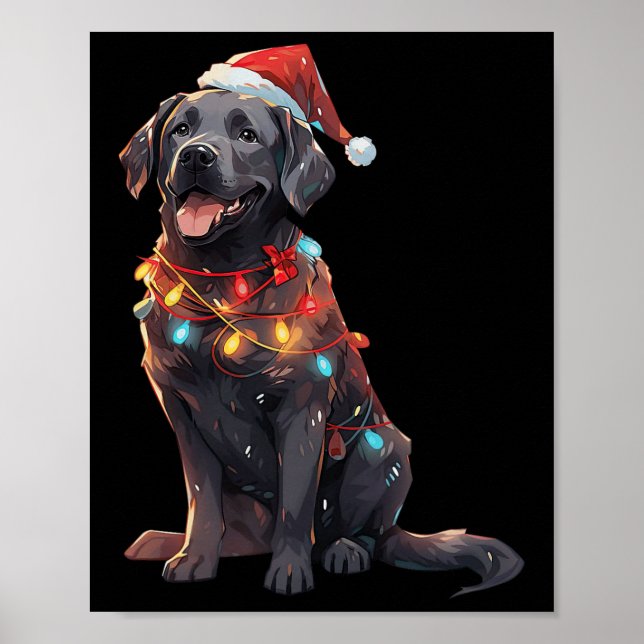 Póster Labrador negro recuperador Santa Hat Navidades luz (Frente)