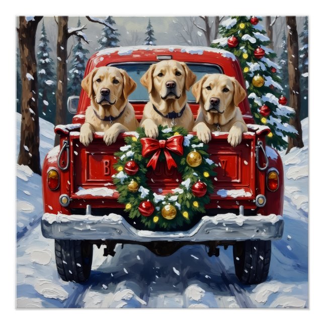 Póster Labrador Retriever Christmas Red Truck Holiday (Anverso)