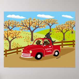 Póster Labradors y Red Truck Fall View Poster