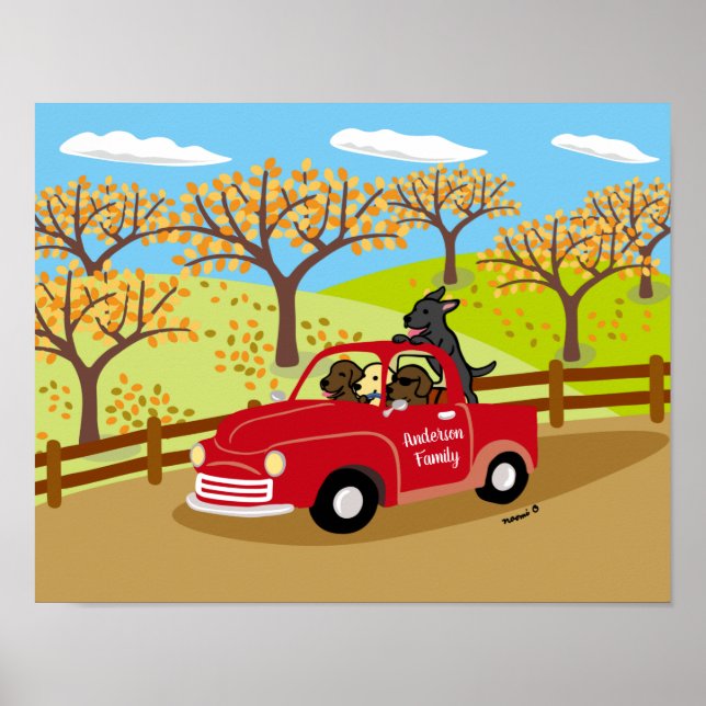 Póster Labradors y Red Truck Fall View Poster (Frente)