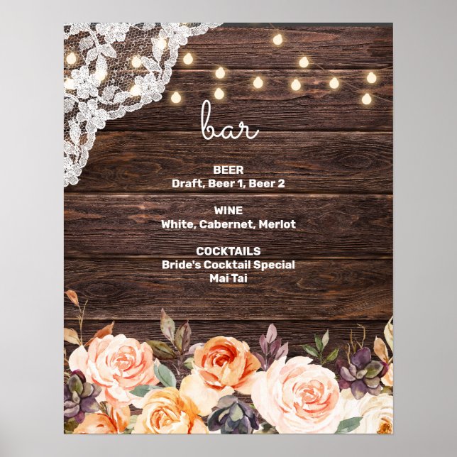 Póster Lace de madera, luces, Rótulo Rubor & Peach Floral (Frente)