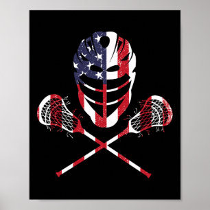 Póster Lacrosse bandera americana Lax casco palos 4 de ju