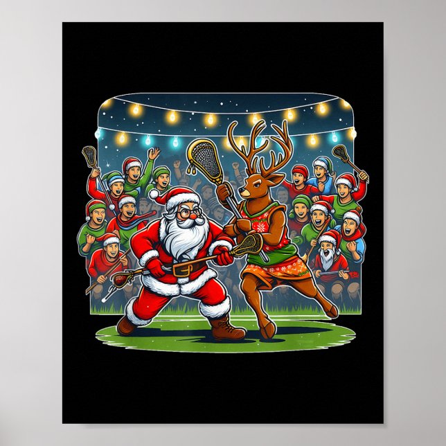 Póster Lacrosse Player Christmas Santa Reindeer Playing L (Frente)