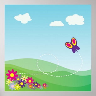 PÓSTER LADO DE COLINA CON MARIPOSA Y FLORES