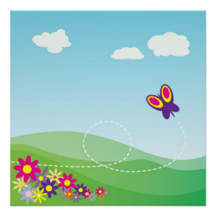 PÓSTER LADO DE COLINA CON MARIPOSA Y FLORES