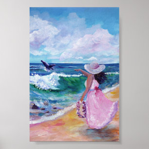 Póster Lady en la playa con ballena