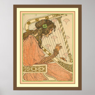 Póster Lady & Harp Art Nouveau Print 16 x 20