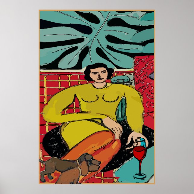 Póster Lady Matisse, Dachshunds y vino rojo (Frente)