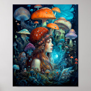 Póster Lady Y Mushrooms Surreal Fantasy Art