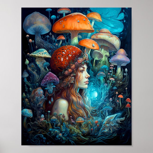 Póster Lady Y Mushrooms Surreal Fantasy Art (Frente)