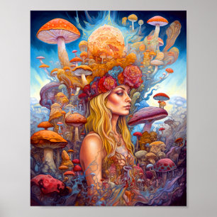 Póster Lady Y Mushrooms Surreal Fantasy Art