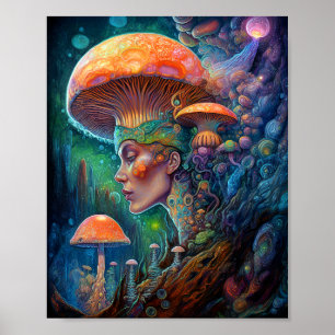 Póster Lady Y Mushrooms Surreal Fantasy Art