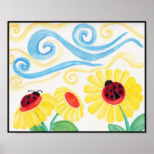 Póster Ladybug & Flowers Watercolor Print