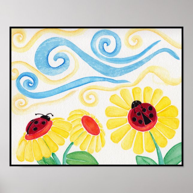 Póster Ladybug & Flowers Watercolor Print (Frente)