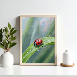 Póster Ladybug on a Dewy Leaf – Nature Art Print