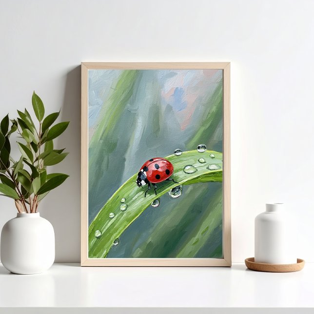 Póster Ladybug on a Dewy Leaf – Nature Art Print (Subido por el creador)