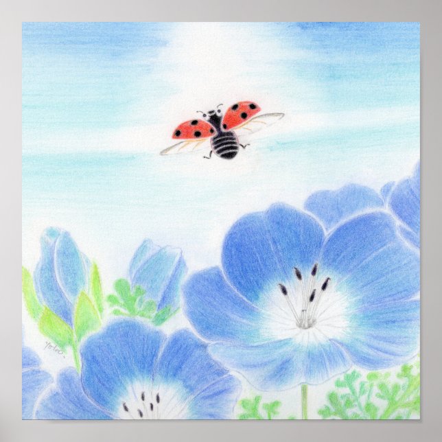 Póster Ladybug Spring Blue Flower Nemophila Nursery Art (Frente)