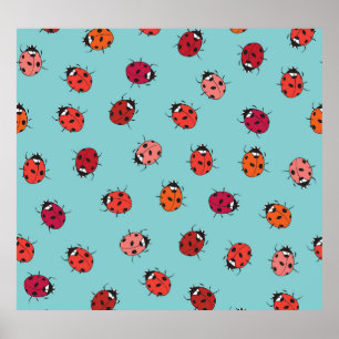 Póster Ladybugs, fondo azul, encantadora pieza sin costur