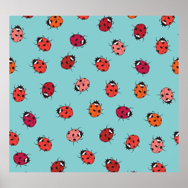 Póster Ladybugs, fondo azul, encantadora pieza sin costur (Frente)