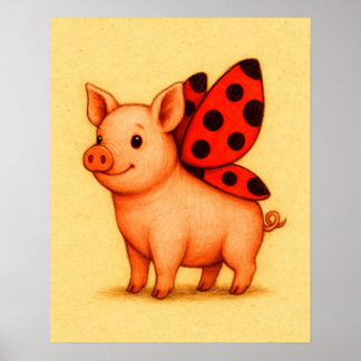 Póster Ladypig Pig Wall Art, Ladybug Wings Pig