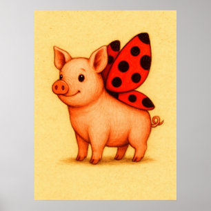Póster Ladypig Pig Wall Art, Ladybug Wings Pig
