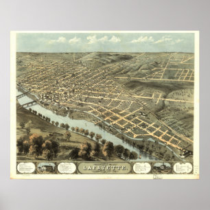 Póster Lafayette Indiana 1868 Mapa Panorámico Antiguo