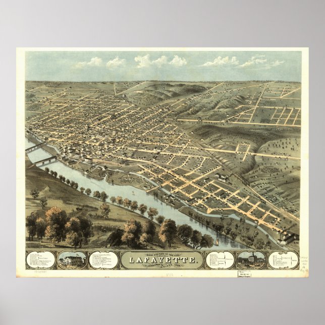 Póster Lafayette Indiana 1868 Mapa Panorámico Antiguo (Frente)