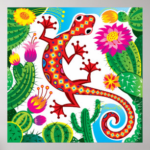 Póster Lagarto del Suroeste con Flores de Cactus