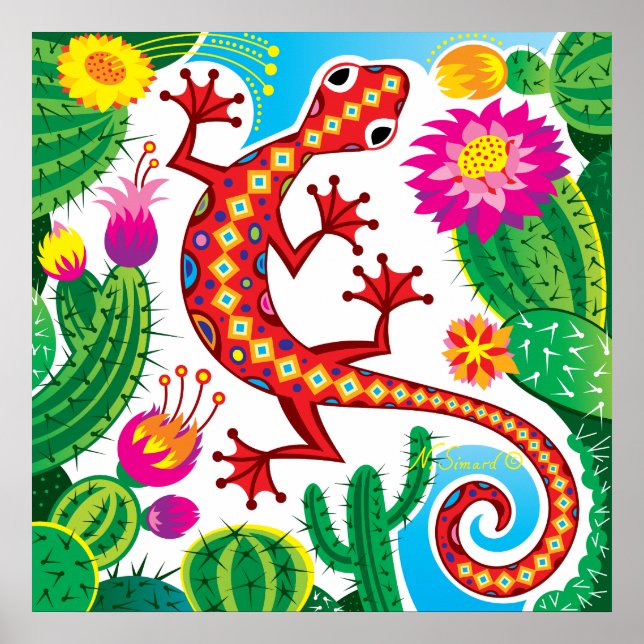 Póster Lagarto del Suroeste con Flores de Cactus (Frente)