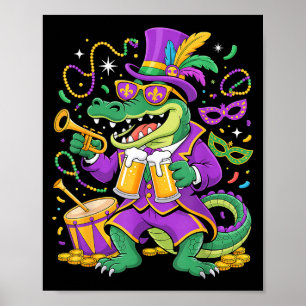 Póster Lagarto divertido de Mardi Gras bebiendo cuentas h