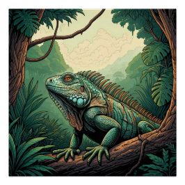 Póster Lagarto iguana entre un entorno de selva tropical