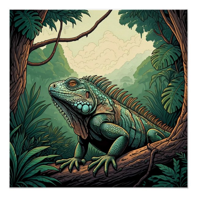 Póster Lagarto iguana entre un entorno de selva tropical (Anverso)