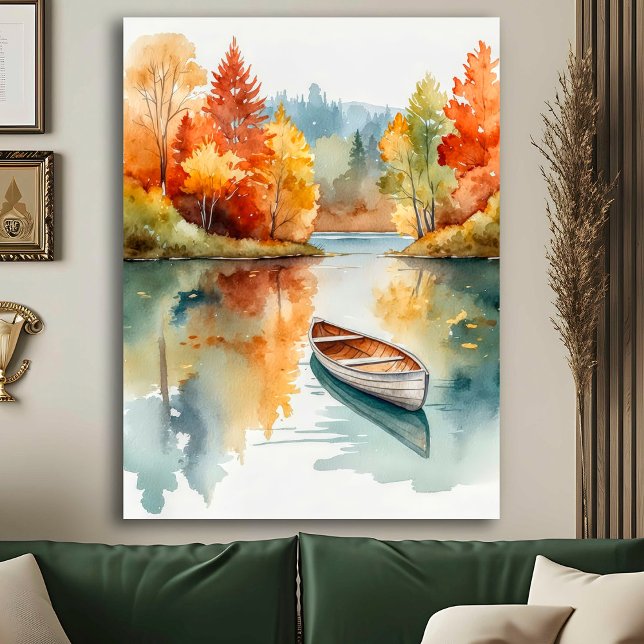 Póster Lago acuático rústico otoñal con lancha y árboles (Subido por el creador)