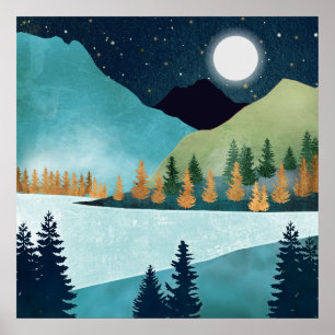 Póster Lago al amanecer de luna