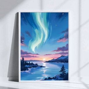 Póster Lago Aurora Borealis Paisaje Nocturno Soñador