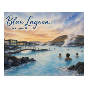 Póster Lago Azul Islandia baño termal acuarela