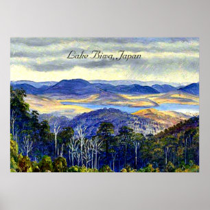 Póster Lago Biwa, Japón, pintura de paisajes vintage