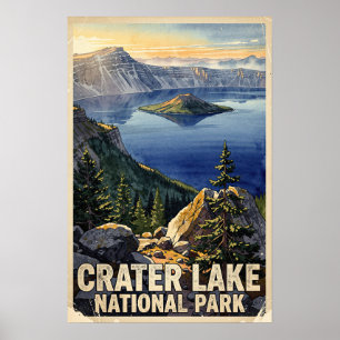 Póster Lago Crater National Park Retro Acuarela