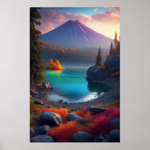 Póster Lago Cristal, Bosque y Volcán Slumbering
