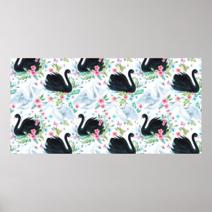 Póster Lago de cisne blanco y negro acuarela transparente