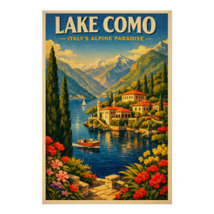 Póster Lago de Como, Italia, en un clásico viaje retro