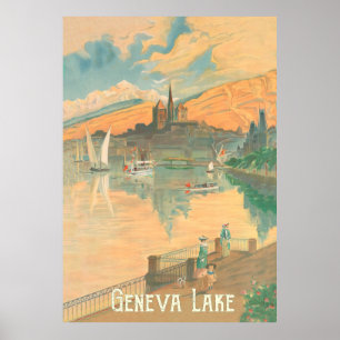 Póster Lago de Ginebra, gente en un paseo, Suiza