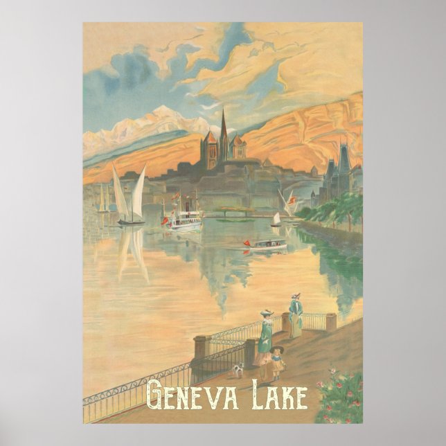 Póster Lago de Ginebra, gente en un paseo, Suiza (Frente)