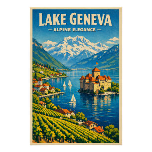 Póster Lago de Ginebra, Suiza, en un clásico retro