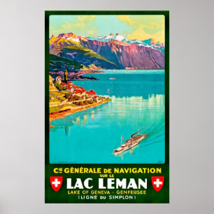 Póster Lago de Ginebra, vista aérea, Suiza, vintage